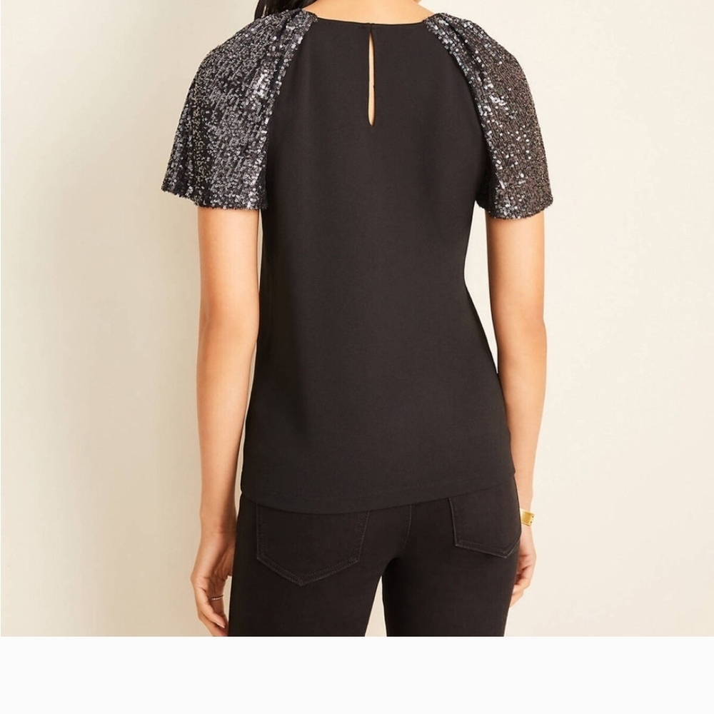 Ann Taylor Black Top with Sequin Sleeves - Picture 2 of 7